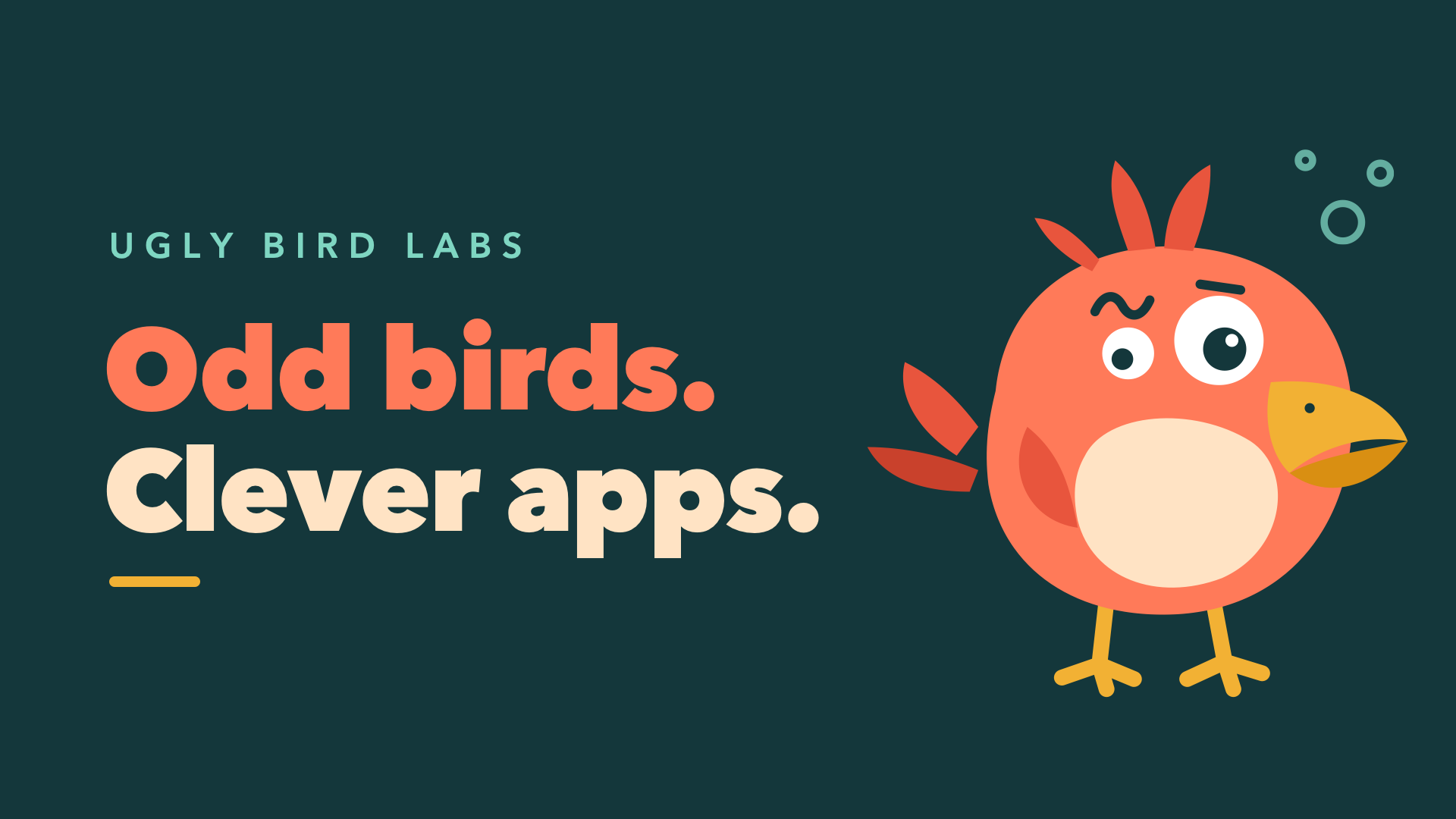 Ugly Bird Labs: Odd birds. Clever apps. A coral, slightly silly bird with two differently sized eyes.